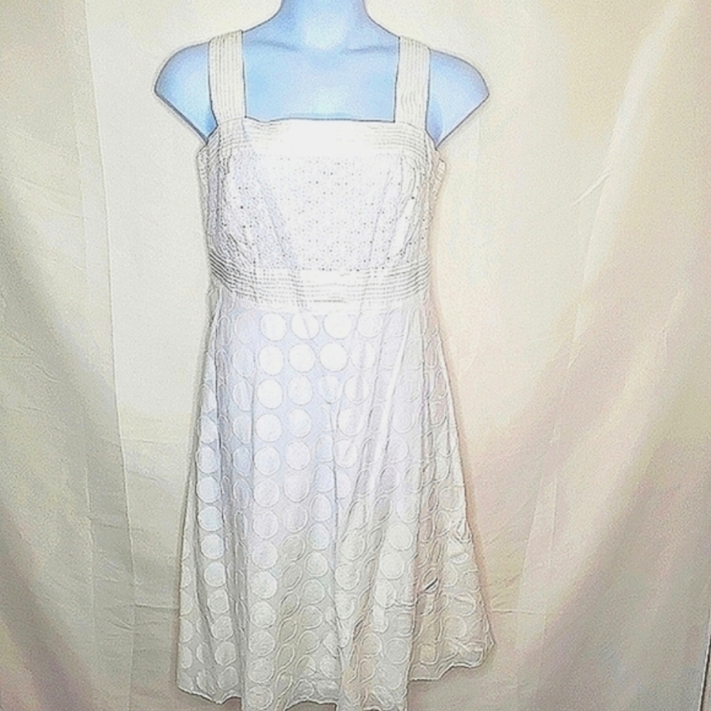 Eyelet Fit Flare White Midi Dress 14W Cotton Smocked Graduation Square Neck - Picture 3 of 15
